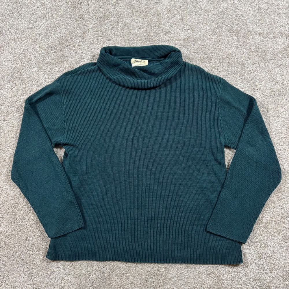 Eddie Bauer Womens Green Ribbed Cowl Neck Cotton Sweater Made in USA Size M